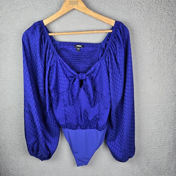 Romantic Regencycore Blouse Bodysuit L Blue Coquette Puff Sleeve Bow Smocked - Picture 1 of 9